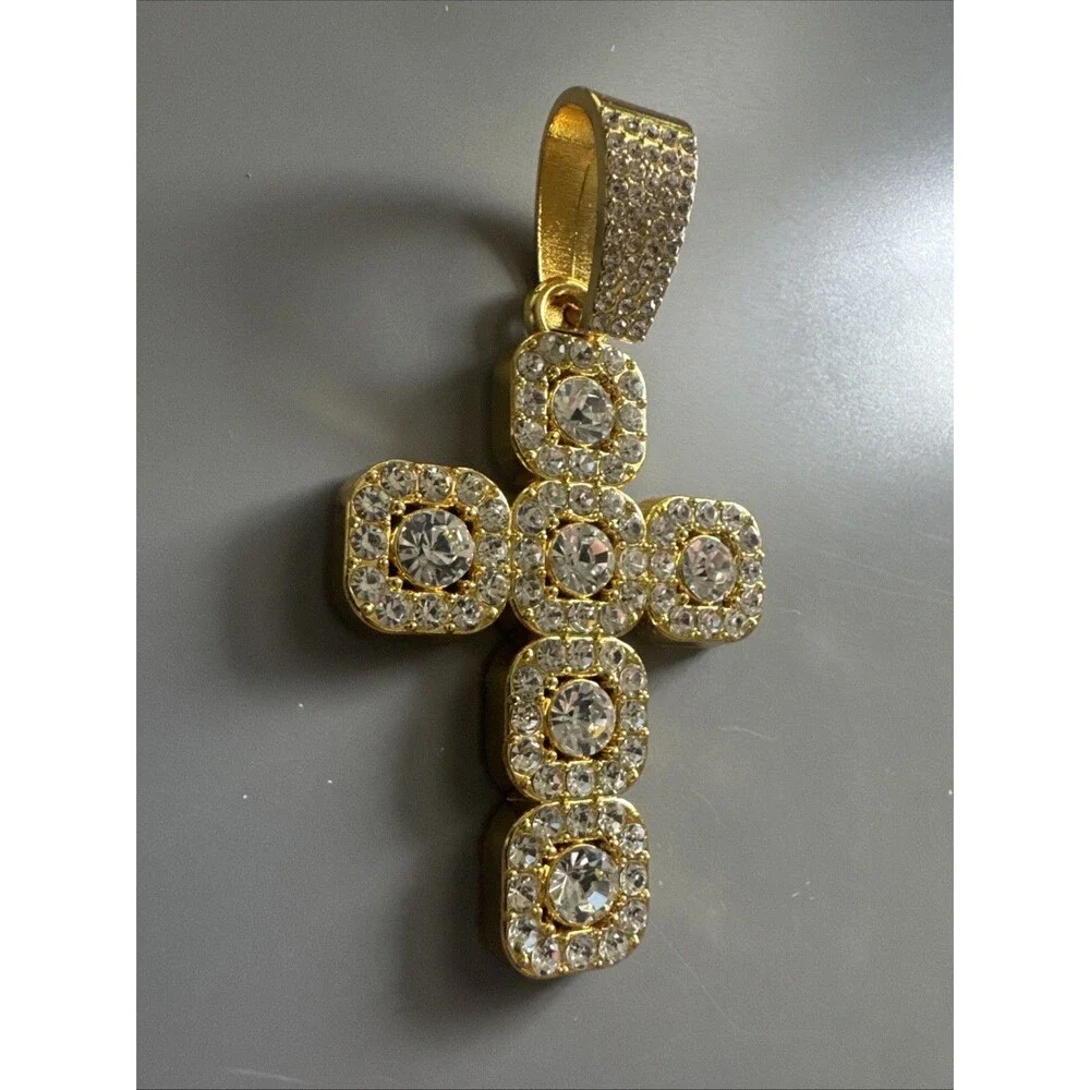 Gold Plated Cross Pendant Cubic Zirconia 24 Inch Necklace Unisex Hip Hop Gift